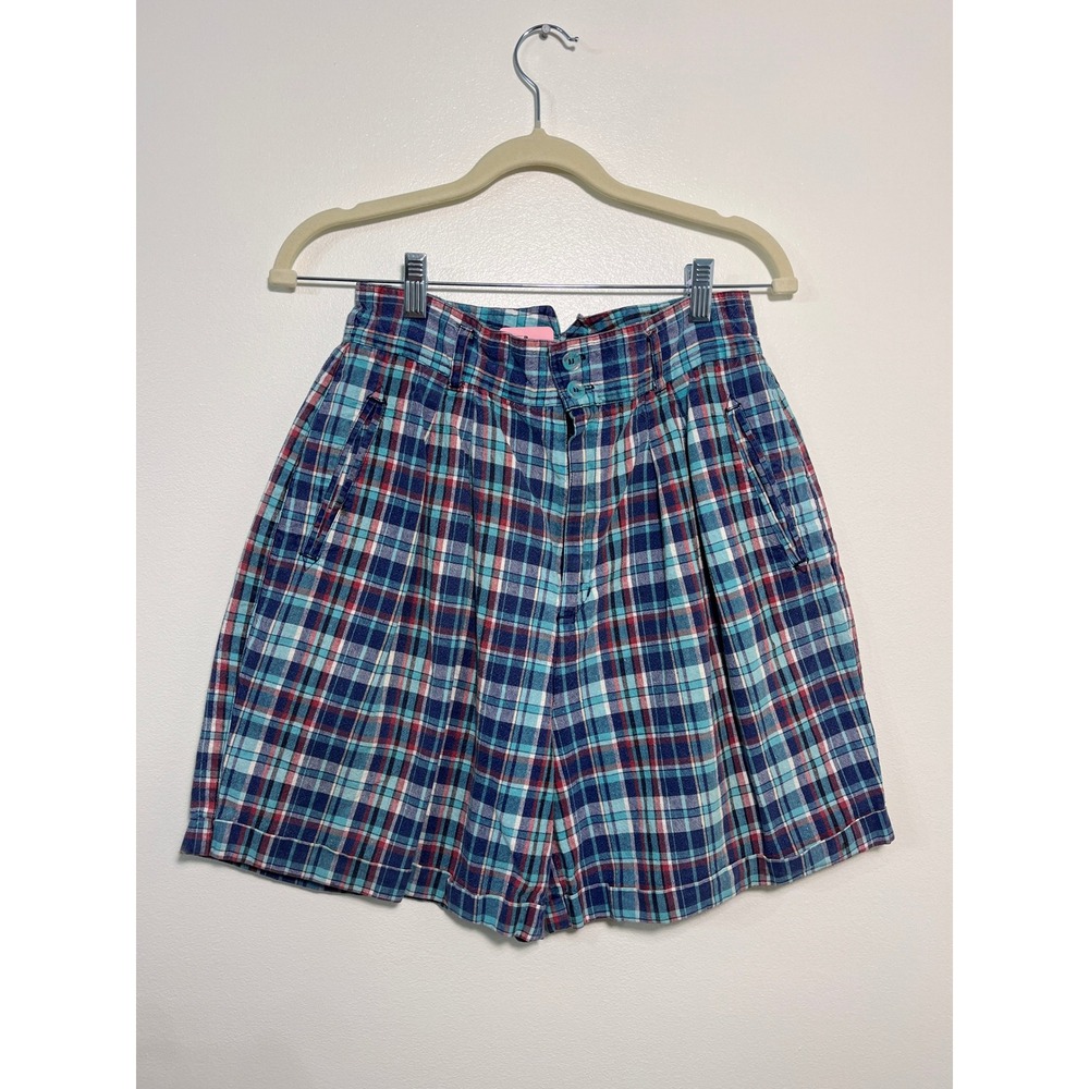 Vintage JJ Fargo Plaid Shorts High Waisted Ramie Cotton Blue Red Pleated Womens